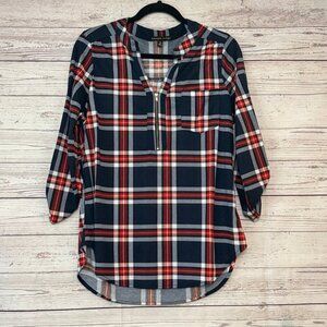 🍗 Always Indigo Half Zip‎ Plaid Blouse XL